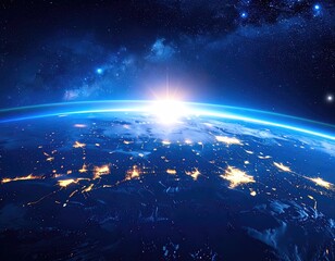 Earthrise with city lights and cosmic background