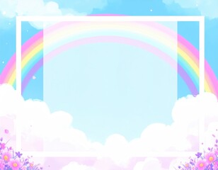 Pastel rainbow, clouds, and floral border in light sky