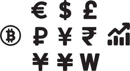 Currency Symbols Icon in Line Style. A black-and-white illustration of Euro, Dollar, Pound, Yen, and Won symbols
