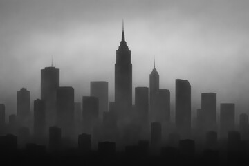 fog covered monochrome city skyline with tall skyscrapers forming dramatic silhouette in dense atmospheric haze