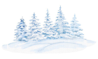Peaceful watercolor winter landscape with snow-covered evergreen trees on a soft snowy hill. Gentle blue tones create a serene, calm seasonal scene perfect for holiday designs and winter backgrounds.