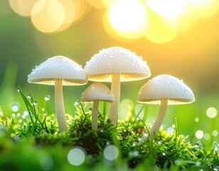 Dewy mushrooms on moss, backlit by bright, golden sunlight