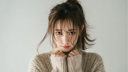 セーター姿の女性が、不安そうに表情を曇らせている様子