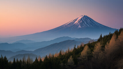 Fototapeta premium 春霞に包まれた森越しに、柔らかな朝の富士山を望む風景