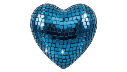 Blue disco heart isolated PNG, shiny mirror tiles mosaic love symbol for Valentine s Day party decoration on transparent background
