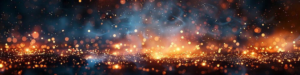 Panoramic Abstract Background with Fiery Sparks and Glowing Dust Particles Illuminated by Vibrant Lights