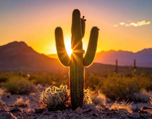 Desert cactus backlit by golden sunset