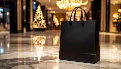 Black Shopping Bag in Luxury Hotel Lobby with Christmas, and Gold Lights.