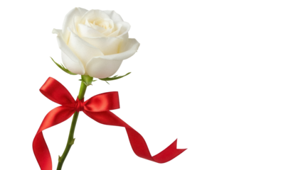 Elegant white rose with red ribbon isolated PNG, romantic gift for Valentine s Day and special occasions on transparent background