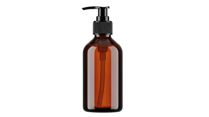 Amber glass bottle with dispenser isolated PNG, refillable container for liquid soap or shampoo on transparent background, beauty product