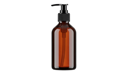 Amber glass bottle with dispenser isolated PNG, refillable container for liquid soap or shampoo on transparent background, beauty product