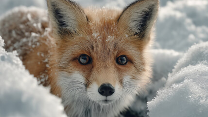 Obraz premium キツネが雪の中から顔をひょっこり出している様子