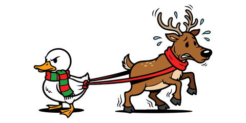 Fototapeta premium Funny Duck Bossing Confused Reindeer in Christmas Scarf SVG Vector Illustration