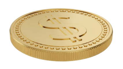 Shiny gold dollar coin PNG isolated on transparent background, currency symbol for finance, investment and wealth, money clip art