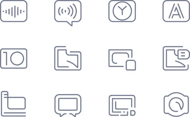 A thin line vector outline icon set for accessible media players. Audio toggle, subtitle alignment tool, loudness equalizer, skip section icon, transcript panel button, and playback mode