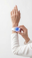 Senior woman adjusting futuristic white health monitor wearable on wrist.
