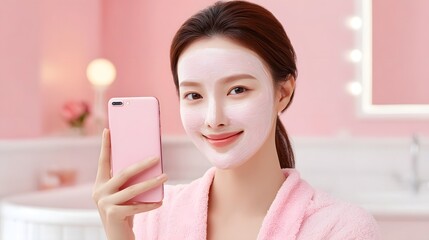 A happy young woman with a pink face mask on smiles while holding her smartphone to take a selfie enjoying a relaxing skincare routine in a bright pink bathroom setting