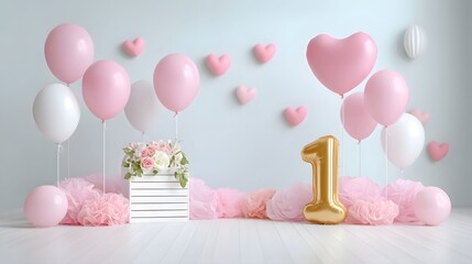 A festive studio setup for a first birthday party featuring pink and white balloons a shiny gold  1  foil balloon a wooden crate with flowers and heart deco ns on a pastel blue background