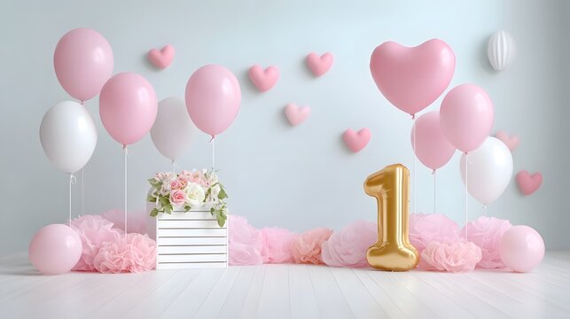 A festive studio setup for a first birthday party featuring pink and white balloons a shiny gold  1  foil balloon a wooden crate with flowers and heart deco ns on a pastel blue background