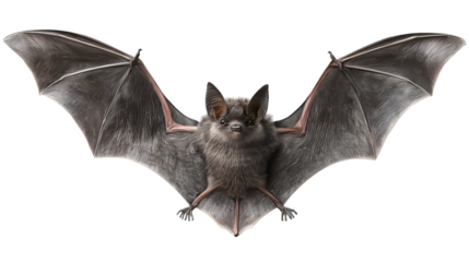 Detailed portrait of a small brown bat with wings fully spread against a stark for design