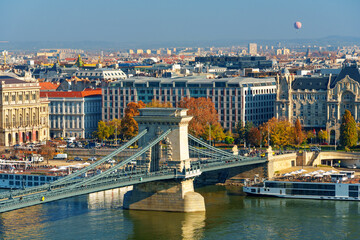 Budapest cityscape, panoramic view of the city and the Danube River with chain bridge and beautiful architecture in the autumn season