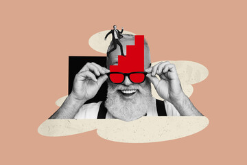 Contemporary trendy pop artwork collage of happy old man faceless ladder development young guy run career promotion chance