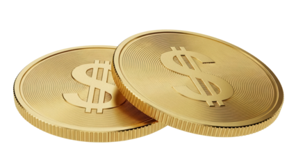 Two golden dollar coins isolated PNG, currency with dollar sign on transparent background, finance and investment concept