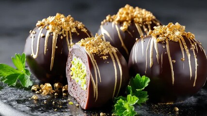 Close-up of a group of Dubai chocolate truffles decorated with edible gold leaf and filled with pistachio paste, resting on a dark surface, creating a luxurious and tempting dessert presentation