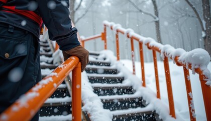 Worker hand gripping snowy handrail mountain staircase photography winter landscape close-up perspective