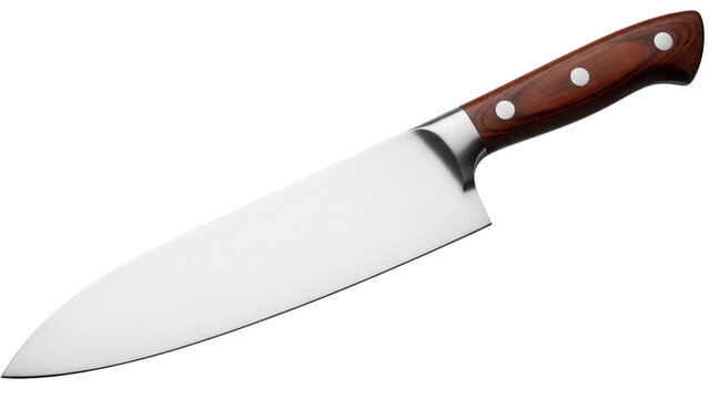 Chef s knife PNG isolated on transparent background, stainless steel kitchen utensil with wooden handle for cooking and food preparation
