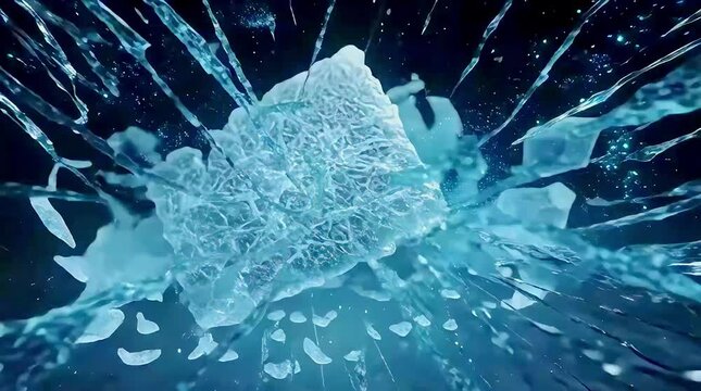 Dynamic water splashes exploding around a frozen ice cube centerpiece