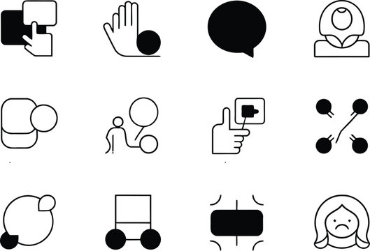 The vector line art icon set containing depicting multi-language. translation icon, language switch, selection badge, voice accent control, subtitles icon, and communication symbol