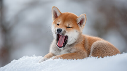 Obraz premium 雪原の上で柴犬の子犬が口を大きく開けてあくびをする愛らしい瞬間