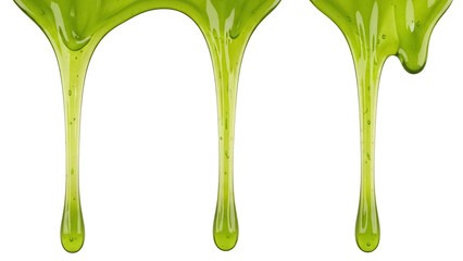 Three green slime drips isolated PNG on transparent background, dripping goo liquid for Halloween and creative design use