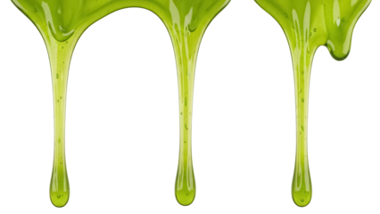 Three green slime drips isolated PNG on transparent background, dripping goo liquid for Halloween and creative design use