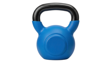 Blue kettlebell isolated PNG on transparent background, fitness equipment for strength training and workout routines, exercise tool