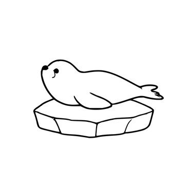 Cute seal lying on ice clean line art isolated on white background