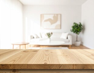 Light wood table, blurred living room backdrop, bright