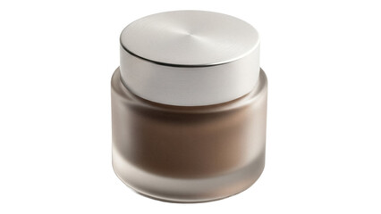 Beige foundation cream jar isolated PNG, makeup base in glass container with silver lid on transparent background, beauty product for cosmetic use