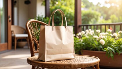Ecofriendly paper bag on wicker chair with garden porch scene.