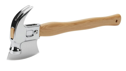 Unique axe hammer tool isolated PNG, versatile instrument with wooden handle and steel head for carpentry, construction, and home improvement projects