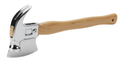 Unique axe hammer tool isolated PNG, versatile instrument with wooden handle and steel head for carpentry, construction, and home improvement projects