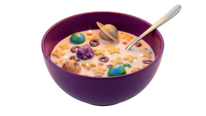 Bowl of space themed cereal with planets and stars PNG isolated, breakfast food for kids and astronomy enthusiasts on transparent background