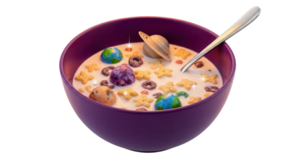 Bowl of space themed cereal with planets and stars PNG isolated, breakfast food for kids and astronomy enthusiasts on transparent background