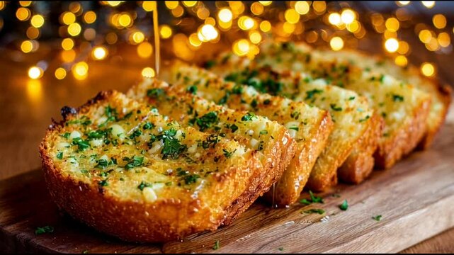 Garlic Bread With Christmas Lights Behind