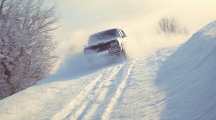 vehicle losing control on snowy hill, spinning wheels, winter oversteer, driver struggling, snow covered trees in background, soft daylight