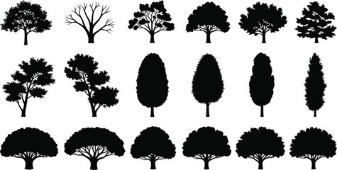 Collection of diverse black silhouette trees and bushes against a white background