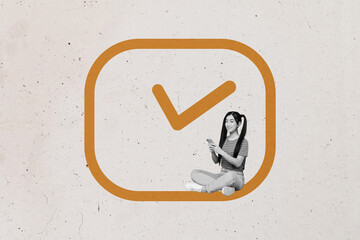 Contemporary artwork collage of happy businesswoman businessman sit checkmark icon project...