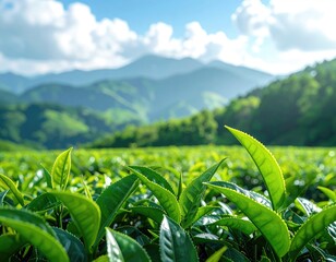 Tea leaves in sunlit fields, mountains & sky backdrop