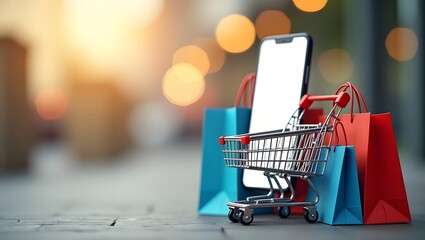 Online shopping concept with miniature cart, smartphone and colorful shopping bags outdoors